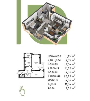10 мкр: 2 комнаты, 77 м², Элитка, 14 этаж, ПСО (под самоотделку)
