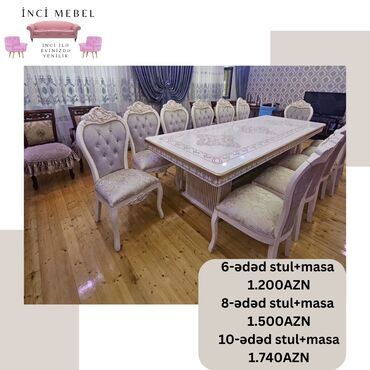 Masa və oturacaq dəstləri: Qonaq otağı üçün, Yeni, Açılmayan, Dördbucaq masa, 6 stul — 14