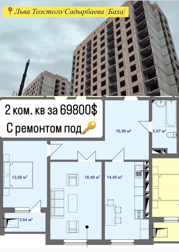 кв бостери: 2 бөлмө, 73 кв. м, Элитка, 7 кабат, Евроремонт