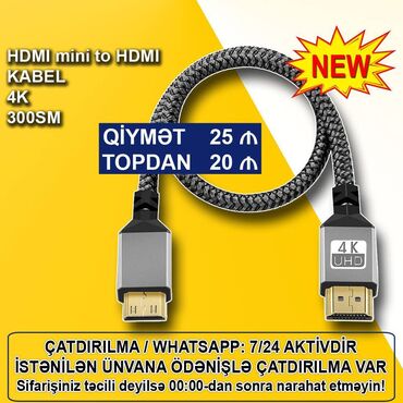 sto za laptop: Kabel "HDMI mini to HDMI 3m 4K" 🚚Metrolara və ünvana çatdırılma var