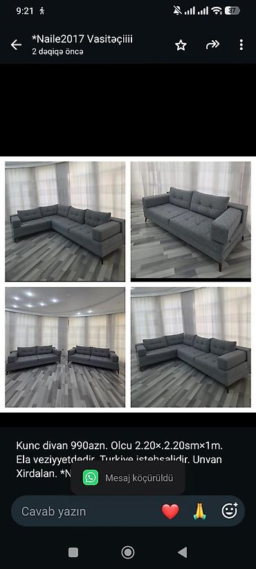 Kunc divan 990azn. Olcu 2.20×.2.20sm×1m. Ela veziyyetdedir. Turkiye