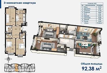 Продажа квартир: 3 комнаты, 92 м², Кок-Жар мкр Элитка, 3 этаж, ПСО (под самоотделку) — 2