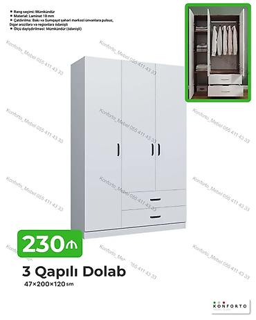 Dolablar: 3 qapılı dolab — 47×200×120 sm Xüsusiyyətlər: - Material: 18 mm — 1