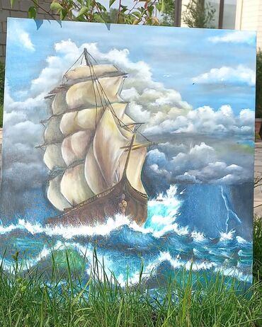 яхтный лак: 50.40 маслянные краски покрыта с лаком картина изображает море с