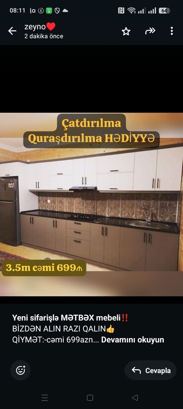 Sifarişlə ofis mebeli: *Yeni sifarişlə MƏTBƏX mebeli*‼️ BİZDƏN ALIN RAZI QALIN👍 QİYMƏT:-cəmi