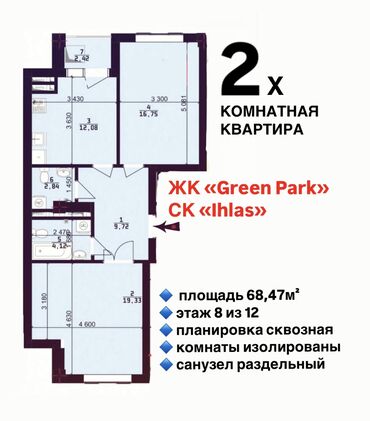 элитка ихлас: 2 комнаты, 69 м², Элитка, 8 этаж, ПСО (под самоотделку)