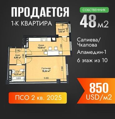 Продажа квартир: 1 комната, 48 м², Элитка, 6 этаж, ПСО (под самоотделку)