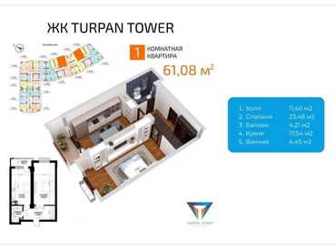 байтик недвижимость: 1 комната, 61 м², Элитка, 14 этаж, ПСО (под самоотделку)