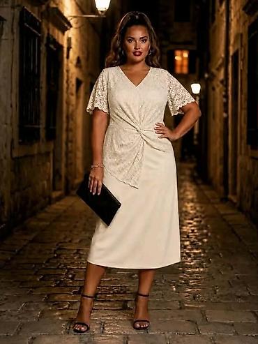 romboidi: Elegantna midi čipkana haljina s preklopom - Kroj: midi dužina, blago — 1