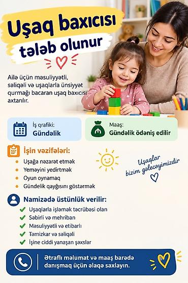 kafede ofciyant isi axtariram: Uşaq baxıcısı tələb olunur Ailələr üçün məsuliyyətli, səliqəli və — 1