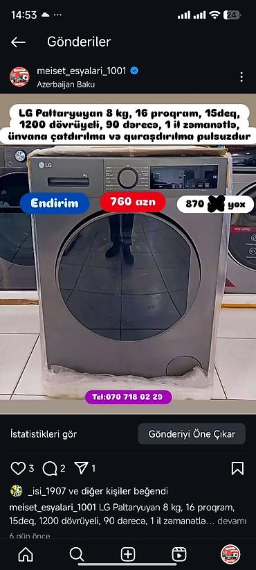 Paltaryuyan maşınlar: Paltaryuyan maşın LG, 7 kq, Avtomat, Qurutmasız — 4