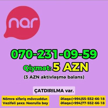 nar mobile operatorla elaqe kodu: Nömrə: ( 070 ) ( 2310959 ), Yeni