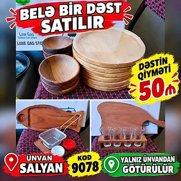 konfet qabı: Ağac mətbəx dəsti Tərkibi: - 6 ədəd dairəvi servis taxtası - 6 ədəd — 1