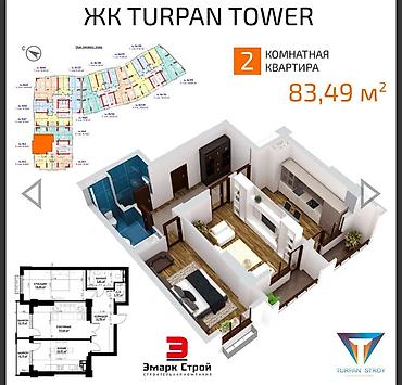 105 с: 2 комнаты, 83 м², Асанбай мкр Элитка, 7 этаж, ПСО (под самоотделку) — 5