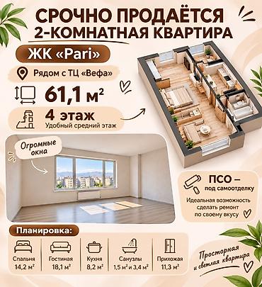 2 комнаты, 61 м², Вефа ТЦ Элитка, 4 этаж, ПСО (под самоотделку)