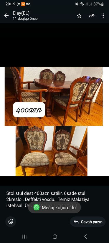Masa və oturacaq dəstləri: Stol stul dest 400azn satilir. 6sade stul 2kreslo . Deffekti yoxdu