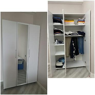 Ağ rəngli 3 qapılı paltar dolabı – üz qapısında tam boy güzgü ilə