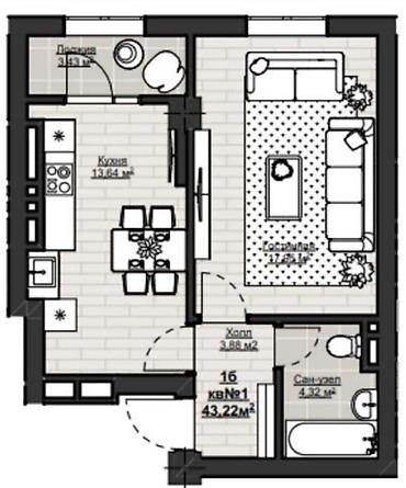 Продажа квартир: 1 комната, 43 м², Элитка, 6 этаж, ПСО (под самоотделку) — 3