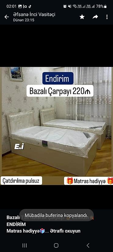 *Bazalı Tək nəfərlik Çarpayı 🔥 220Azn💥 ENDİRİM* *Matras hədiyyə🎁* lalafo.az -da *Bazalı Tək nəfərlik Çarpayı 🔥 220Azn💥 ENDİRİM* *Matras hədiyyə🎁*