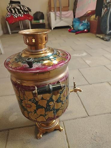 Rəngli naxışlı mis samovar - Material: parlaq cilalanmış mis gövdə