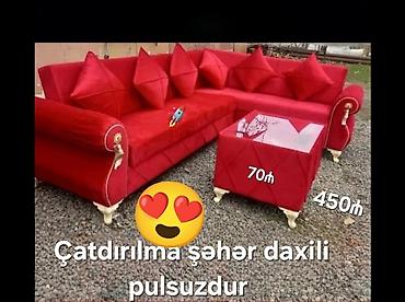 tək divan satışı: Qırmızı rəngdə künc divan dəsti - Parlaq qırmızı məxmər toxumalı — 1