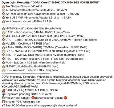 Masaüstü kompüterlər və iş stansiyaları: Oyun üçün Kompüter "DDR4 Core i7 5820K GTX1050 2GB 500GB NVME” ⭐Tək — 2