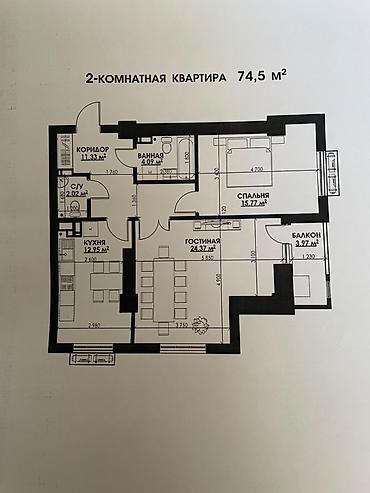 18: 2 комнаты, 75 м², Асанбай мкр Элитка, 4 этаж, ПСО (под самоотделку) — 2