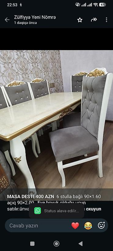 *MASA DESTI 400 AZN* 6 stulla bağlı 90×1.60 açıq 90×2.00 . Eve boyuk