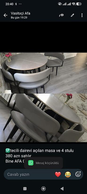 ✅tecili dairevi açılan masa ve 4 stulu 380 azn satılır
Bine AFA 0681