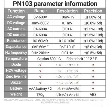 Ostali uređaji: ANENG PN103 Amper Klešta - Unimer Multimetar 600A NCV Hz Ohm Profi — 5
