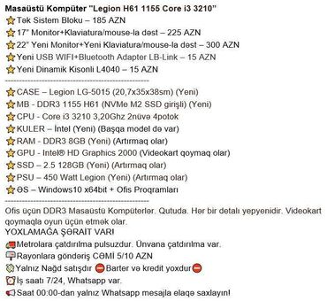 Masaüstü kompüterlər və iş stansiyaları: Masaüstü Kompüter "Legion H61 1155 Core i3 3210” ⭐Tək Sistem Bloku – — 2