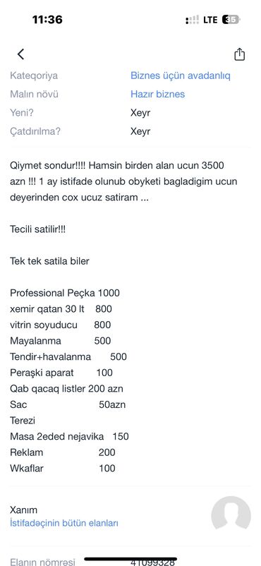 yatar satilir: Hazir biznes tecili satilir 3500 azn !!!
