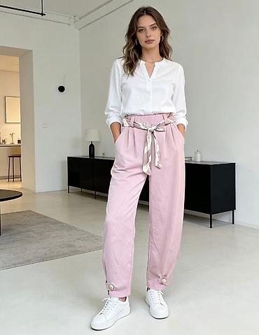 Pantalone: Ženske pantalone sa visokim strukom i kaišem-šalom - Kroj: visok — 4