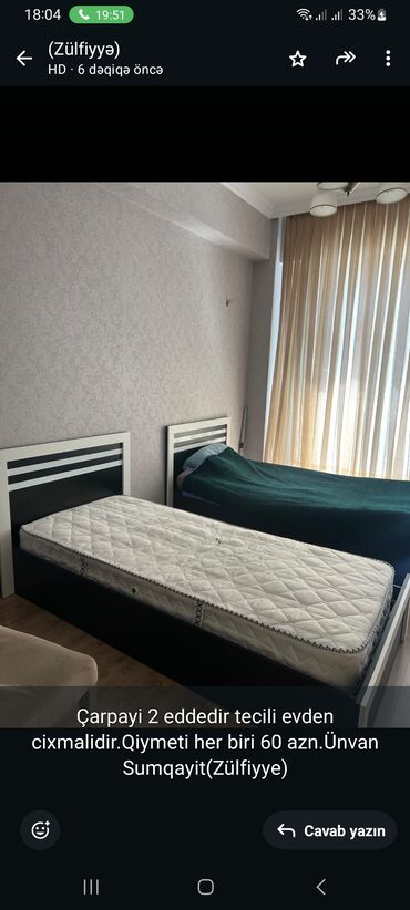 Çarpayılar: Çarpayi 2 eddedir tecili evden cixmalidir.Qiymeti her biri 60