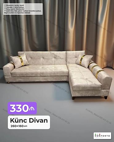 Ev üçün mebel: Künc divan – 260×160 sm - Mexanizm: açılan, bazalı (yuxarıdan — 1
