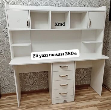 письменный стол: 2-li yazı masası – 280₼ Ağ rəngdə, funksional iş/oxu masası: - İki