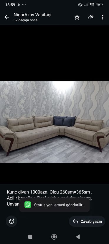 divan uzlukleri: Künc divan, Yeni, Açılan, Bazalı, Çatdırılma yoxdur