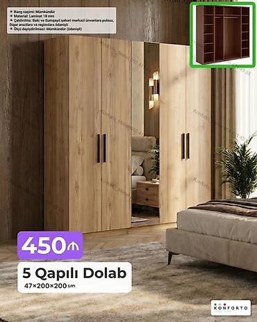 5 qapılı geyim dolabı Ölçülər: 47×200×200 sm Material: 18 mm