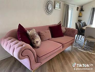 5 ton: Pudra-çəhrayı rəngdə elegant 3 nəfərlik divan - Yumşaq məxməri/parça — 3