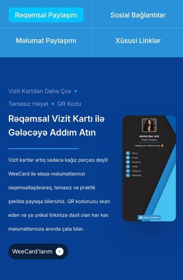 Başqa xidmətlər: Rəqəmsal Vizit Kart – 77 AZN Kağız vizit kartlara son! Öz brendinizi — 10