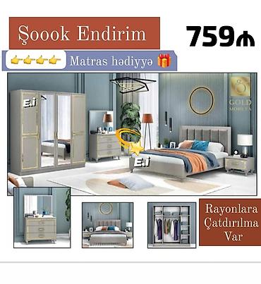 Ev üçün mebel: Yataq otağı dəsti – 759₼ Tərkibi: - Geniş şkaf (güzgülü qapılar — 1