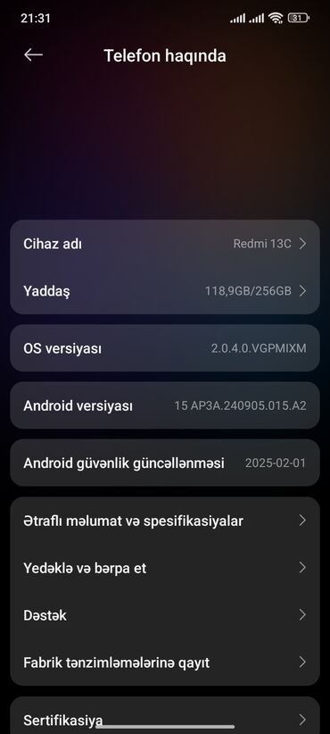 Xiaomi: Xiaomi Redmi 13C, 256 GB, rəng - Qara, 
 Barmaq izi