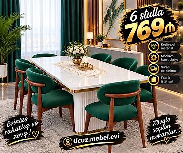 stul ev: Yemək otağı dəsti – 1 masa + 6 stul - Masa: parlaq mərmər effektli — 1