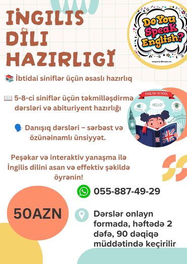 uşağa baxmağ: Xarici dil kursu, İngilis dili, Böyüklər üçün, Uşaqlar üçün, Abituriyentlər üçün