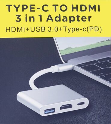 Другие аксессуары для компьютеров и ноутбуков: Хаб Type-C to HUB (HDMI+USB+Type-C) - серебристый металлический