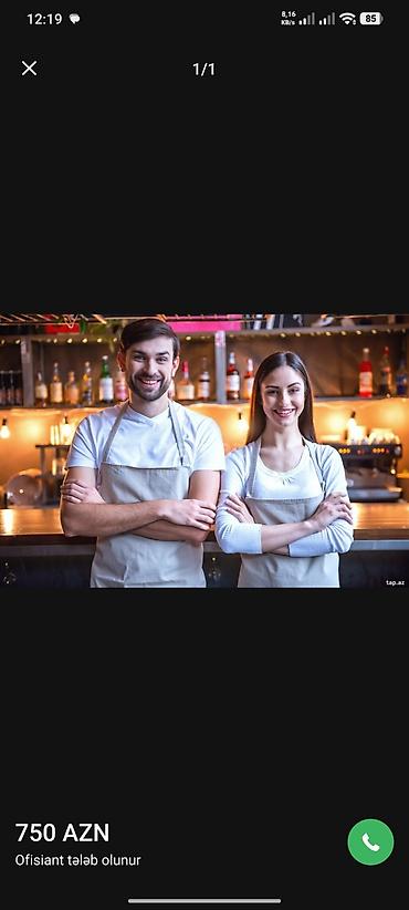 ofisiant oğlan: Ofisiant tələb olunur, Restoran, Həftəlik ödəniş, 18-29 yaş, 1-2 illik təcrübə — 1