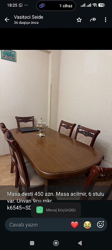 Masa desti 450 azn. Masa acilmir, 6 stulu var. Unvan 9cu mkr.
k6545~SD