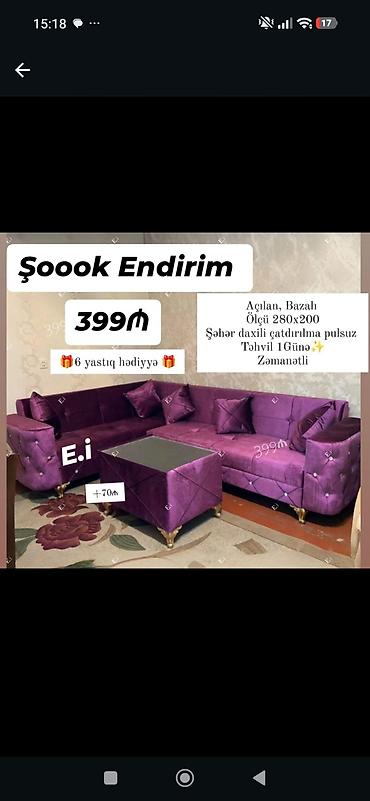 Divan və masa dəstləri: Bənövşəyi rəngli künc divan dəsti - Açılan, bazalı model - Ölçü: 280 — 1
