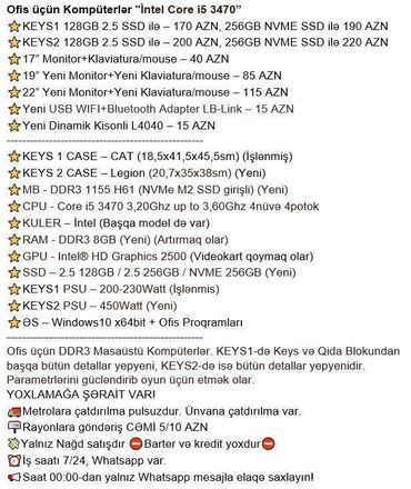Masaüstü kompüterlər və iş stansiyaları: Ofis üçün Kompüterlər "İntel Core i5 3470” ⭐KEYS1 128GB 2.5 SSD ilə – -da lalafo.az — 3 Masaüstü kompüterlər və iş stansiyaları: Ofis üçün Kompüterlər "İntel Core i5 3470” ⭐KEYS1 128GB 2.5 SSD ilə – — 3