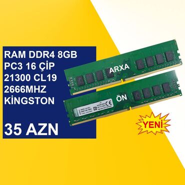 Digər ehtiyat hissələri: Operativ yaddaş (RAM) Kingston, 8 GB, 2666 Mhz, DDR4, PC üçün, Yeni